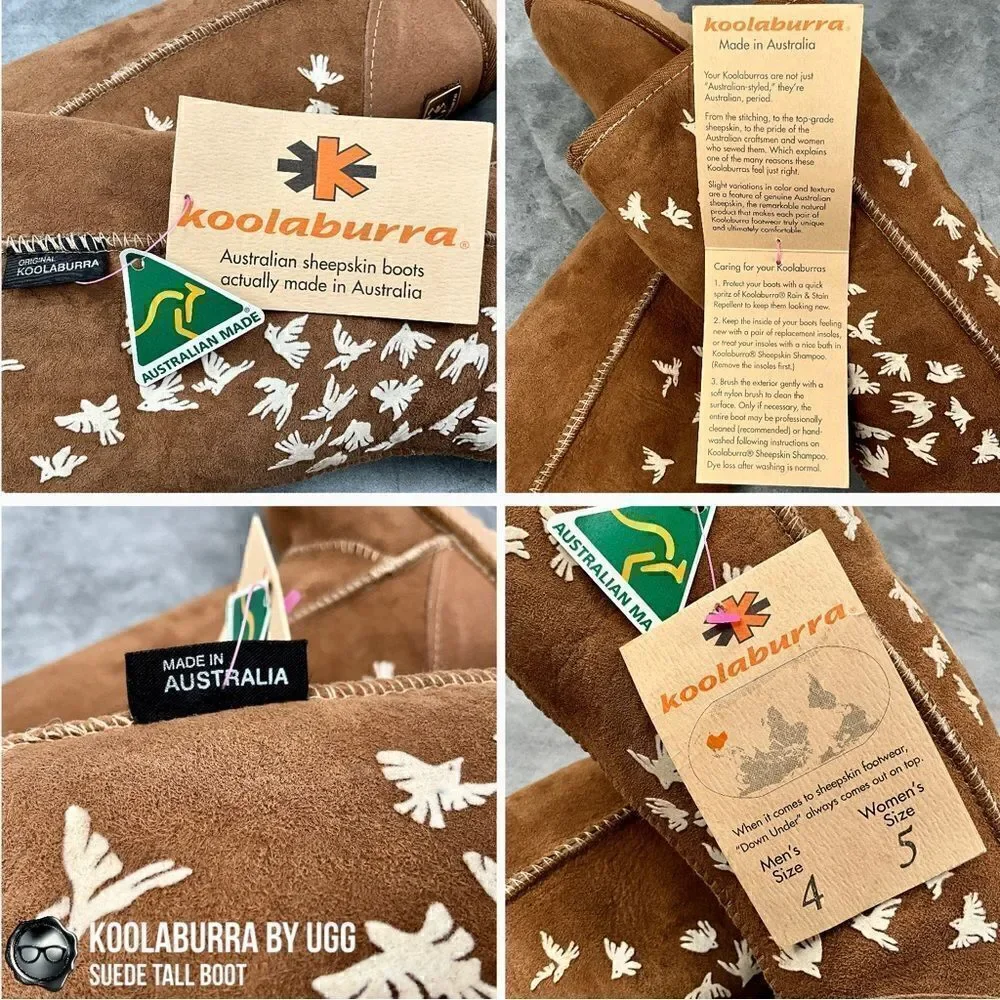 UGG KOOLABURRA PEACE TALL BOOTS CHESTNUT SUEDE SHEEPSKIN FLYING BIRDS DOVE FLOCK